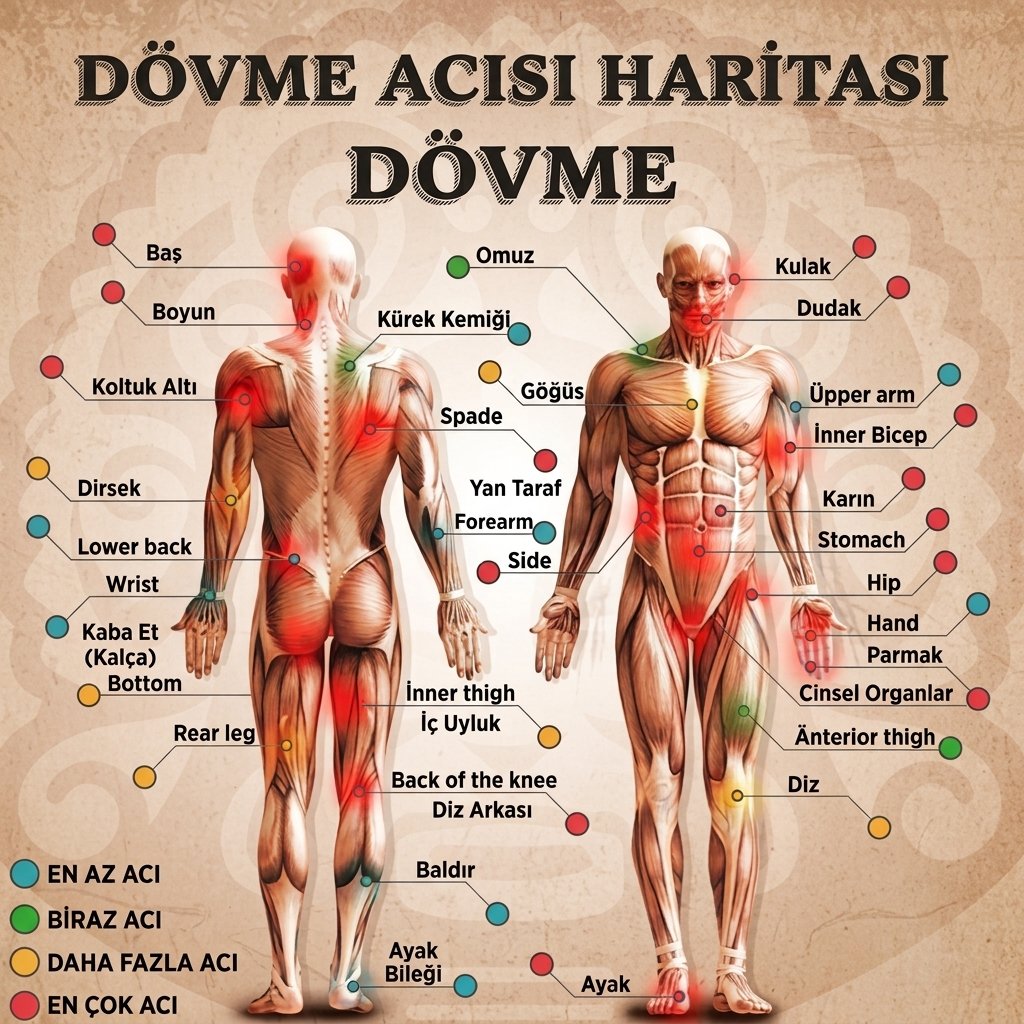 Dövme acısı haritası — vücudun ön ve arka bölgelerine göre hassasiyet seviyeleri