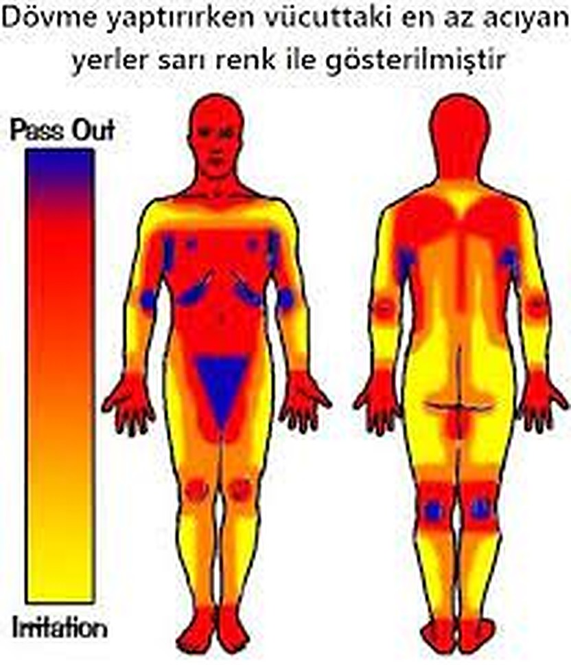 Dövme yaptırırken vücuttaki en az acıyan yerlerin sarı renkle gösterildiği acı haritası (önden ve arkadan)