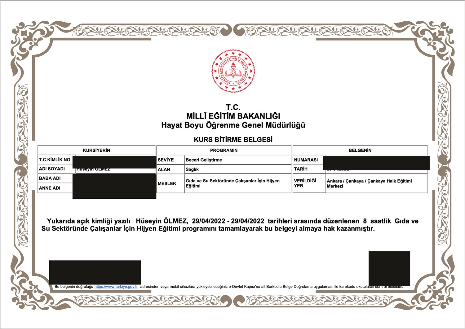 Gıda ve Su Sektöründe Çalışanlar İçin Hijyen Eğitimi — T.C. Millî Eğitim Bakanlığı · Çankaya Halk Eğitim Merkezi