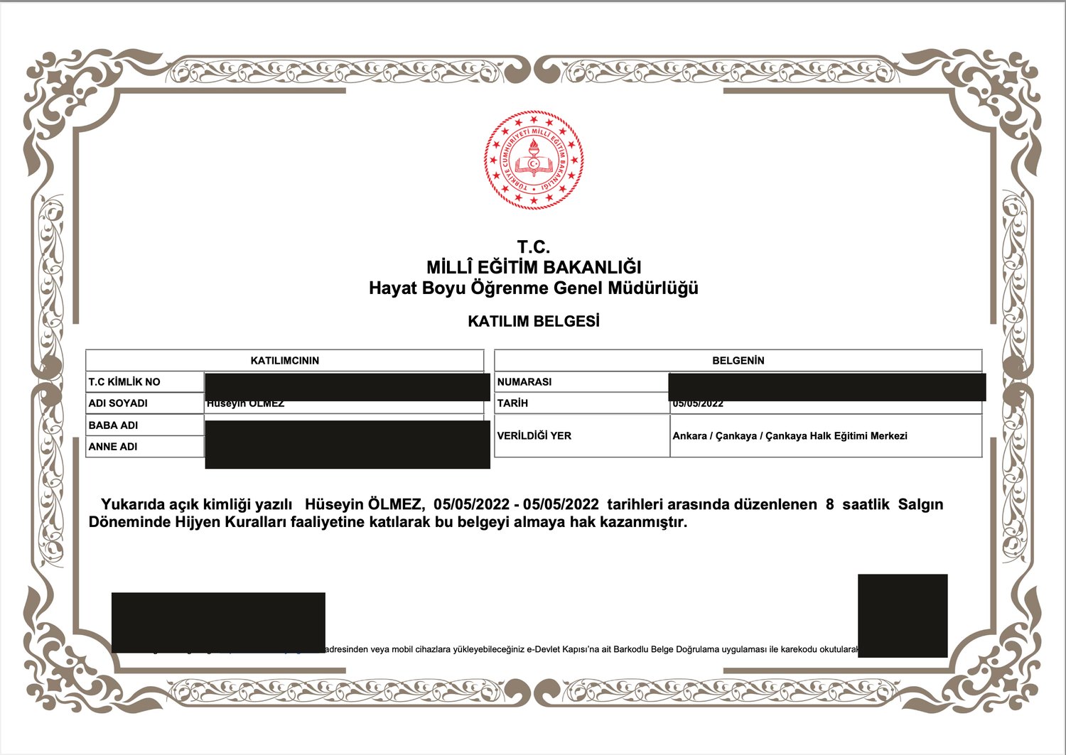 Salgın Döneminde Hijyen Kuralları Eğitimi — T.C. Millî Eğitim Bakanlığı · Çankaya Halk Eğitim Merkezi