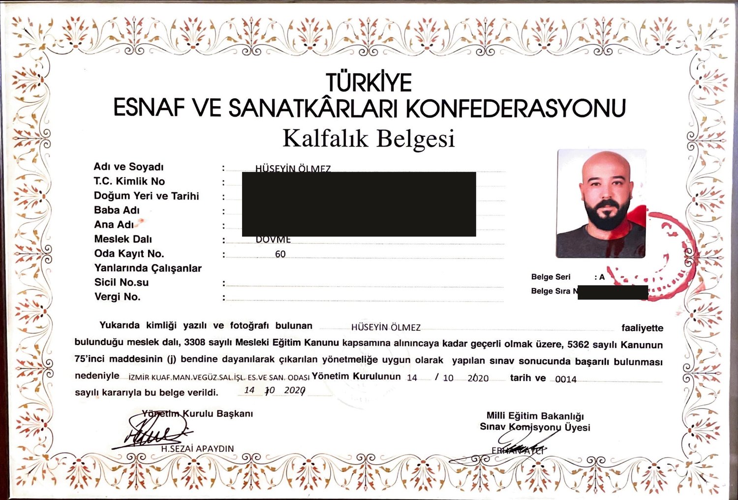 Kalfalık Belgesi — Dövme — Türkiye Esnaf ve Sanatkârları Konfederasyonu
