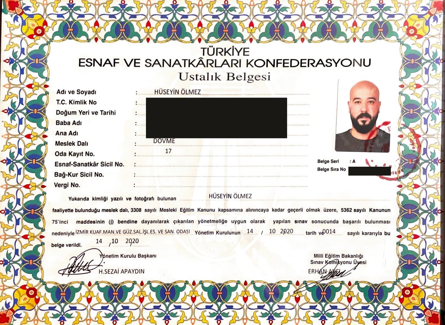 Ustalık Belgesi — Dövme — Türkiye Esnaf ve Sanatkârları Konfederasyonu